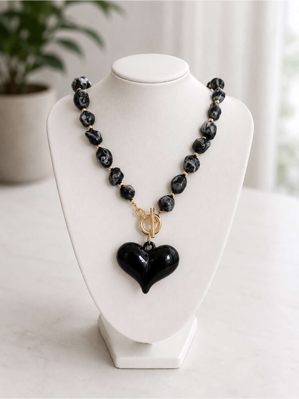 Black Beaded Heart Pendant Necklace